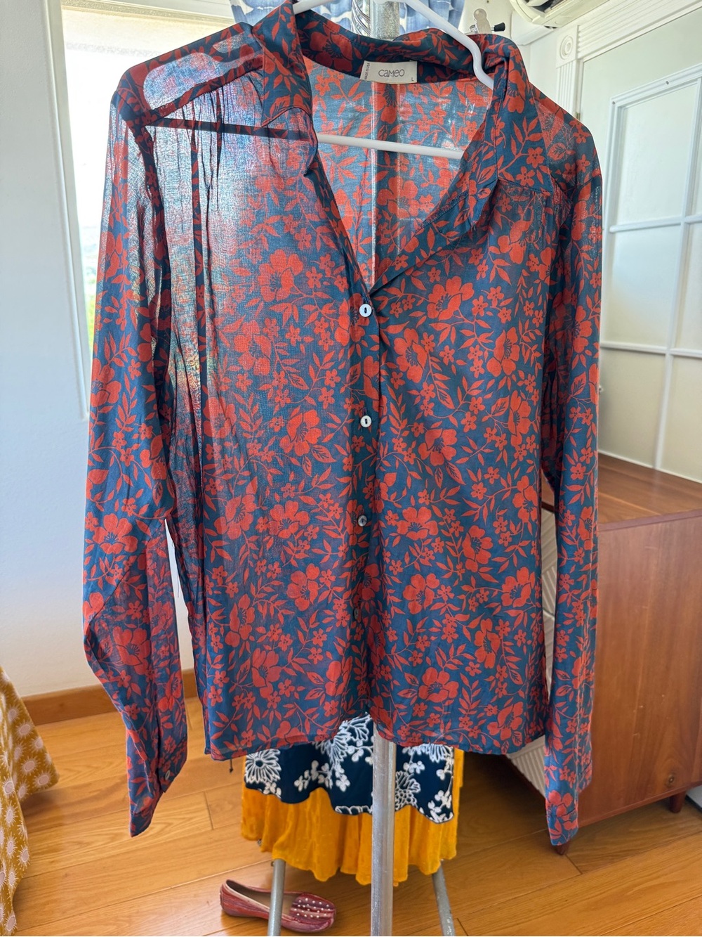 Cameo Red Floral Button-Up Sheer Blouse
